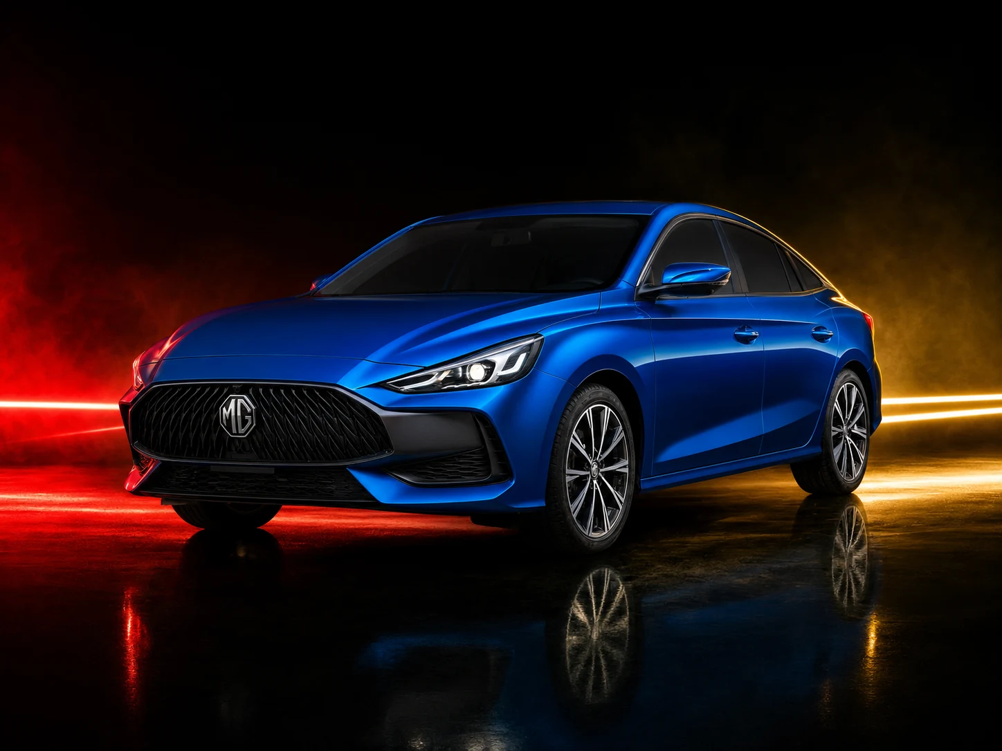 سيارة MG GT زرقاء بتصميم إعلاني احترافي
